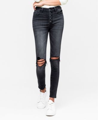Women's High Rise Distressed Button Fly Ankle Skinny Jeans