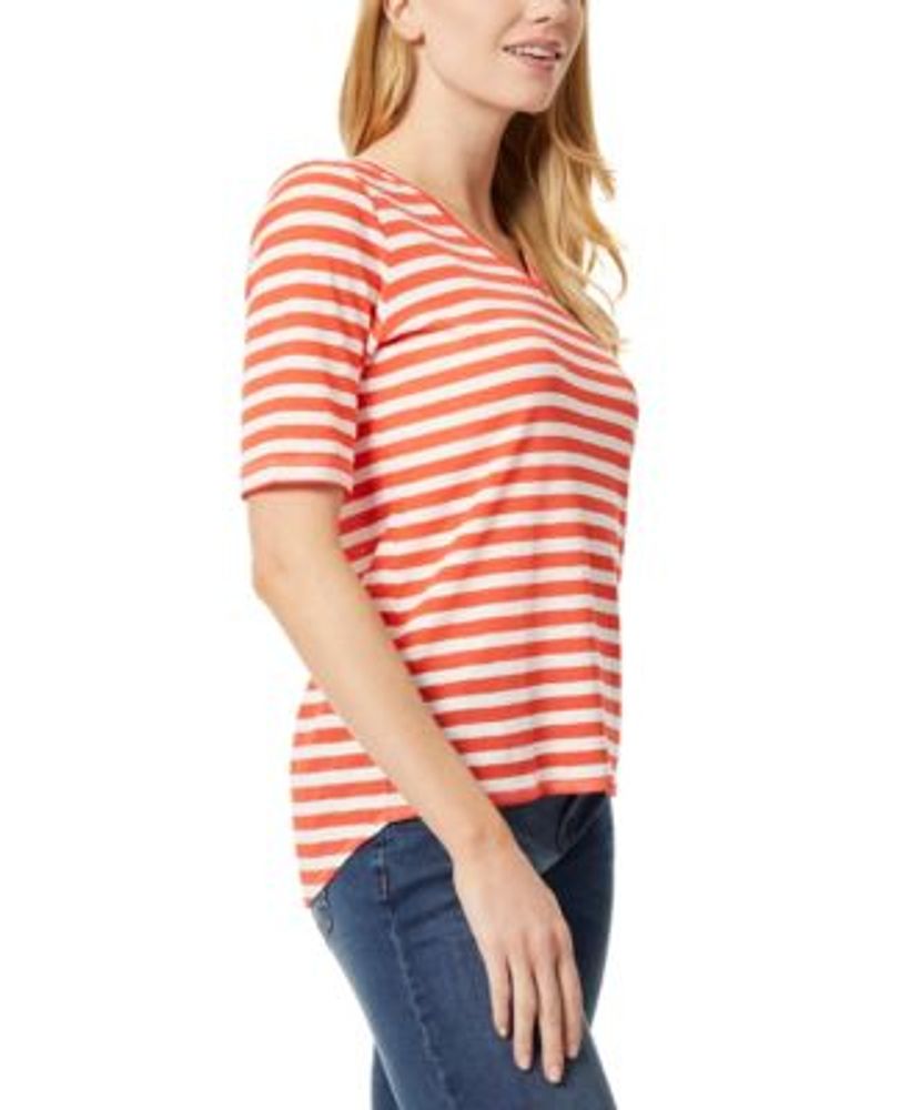 Women's Stripe Slub Pleated V-neck Elbow Sleeve T-shirt