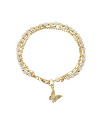 14K Gold Flash Plated Mother of Pearl Stone Butterfly Triple Strand Bracelet