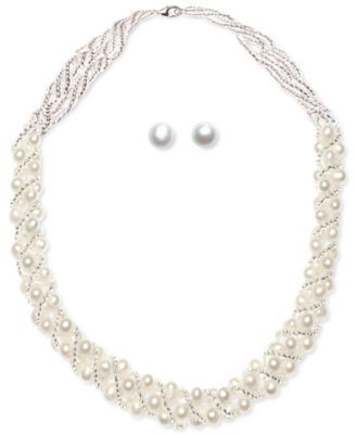Cultured Freshwater Pearl Woven Necklace (4mm) & Stud Earrings (6mm) Set Sterling Silver