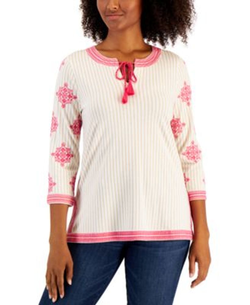 Charter Club Petite Anthem Striped Embroidery Top, Created for Macy's