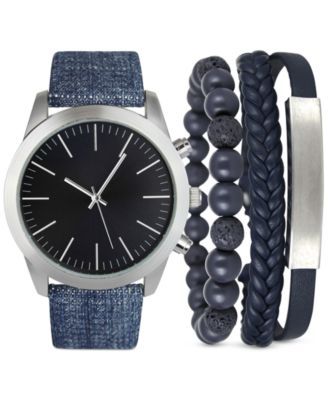 Men's Blue Denim Strap Watch 46mm & 3-Pc. Bracelet Set, Created for Macy's