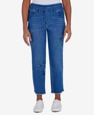Petite Indigo Daze Pull-On Superstretch Denim Embroidered Ankle Jeans