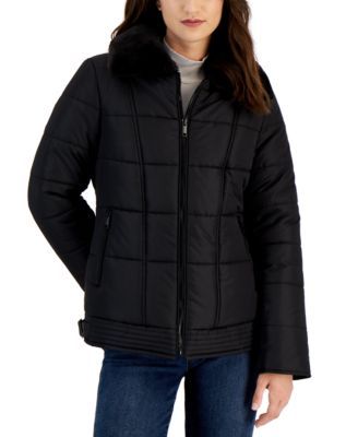 Juniors' Belted Faux-Fur-Collar Puffer Coat, Created for Macy's