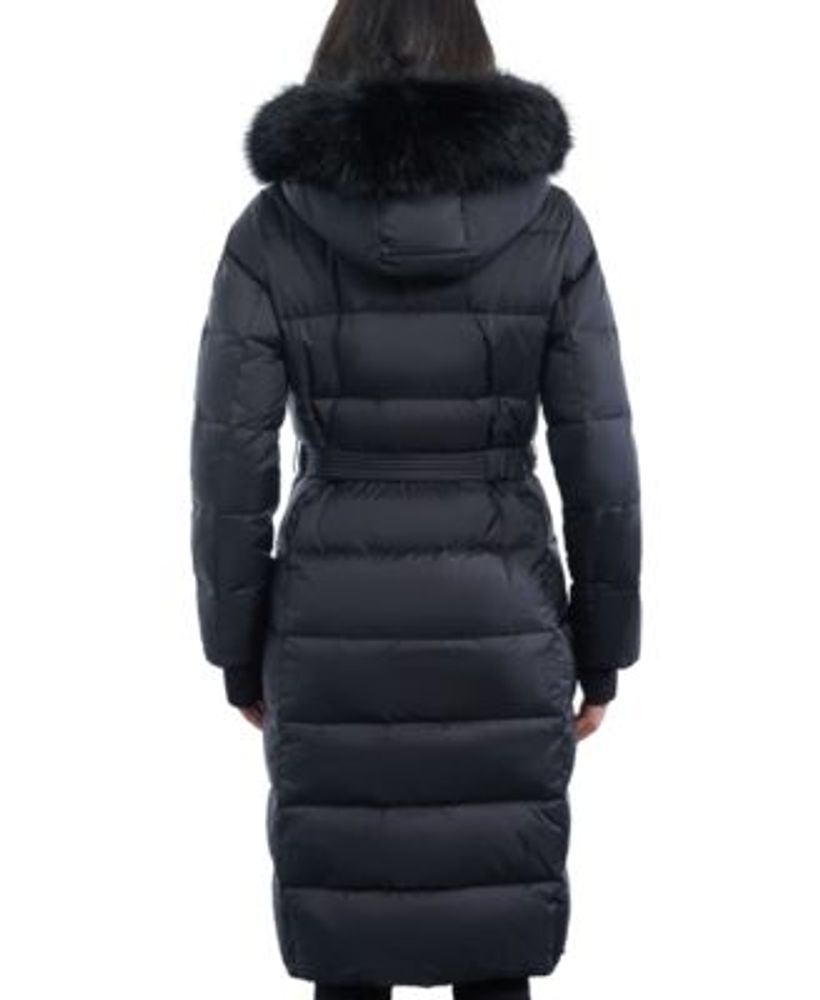 Women's Belted Faux-Fur-Trim Hooded Maxi Puffer Coat