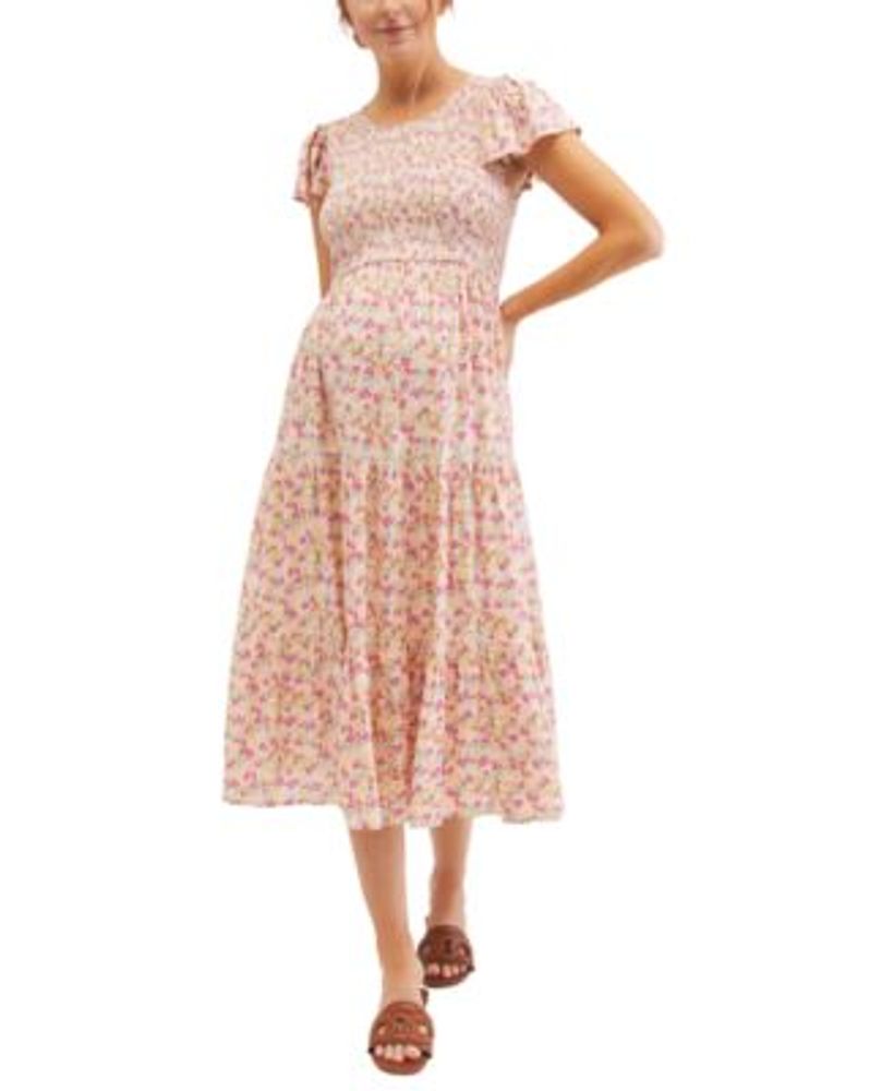 Motherhood Maternity Smocked Tiered Floral Midi Maternity Dress