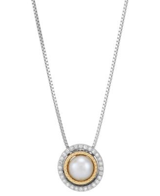 Cultured Freshwater Pearl (6mm) & Diamond (1/20 ct. t.w.) 18-1/2" Pendant Necklace in Sterling Silver & 14k Gold