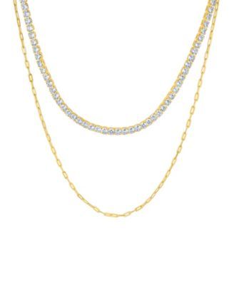 Double Row Chain with Cubic Zirconia Tennis Necklace and Clip Chain Necklace
