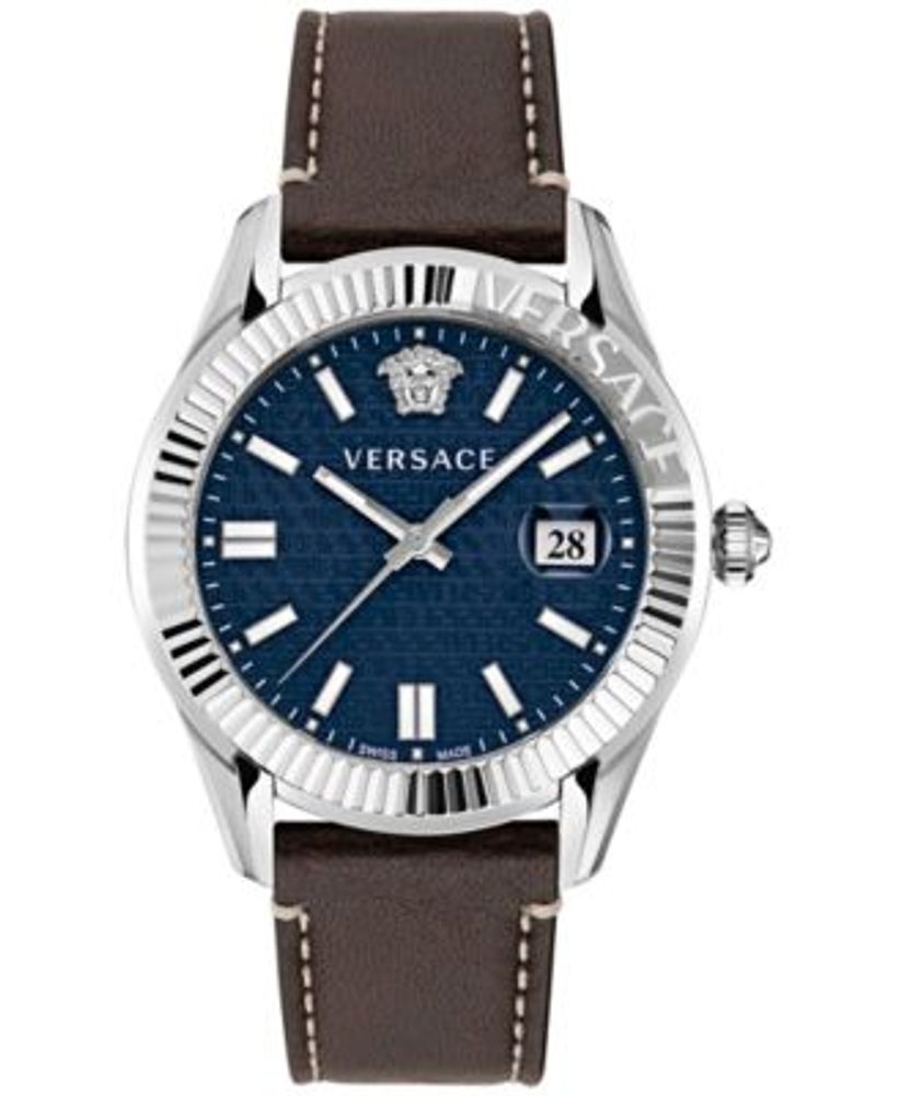 Men's Swiss Greca Time Brown Leather Strap Watch 41mm