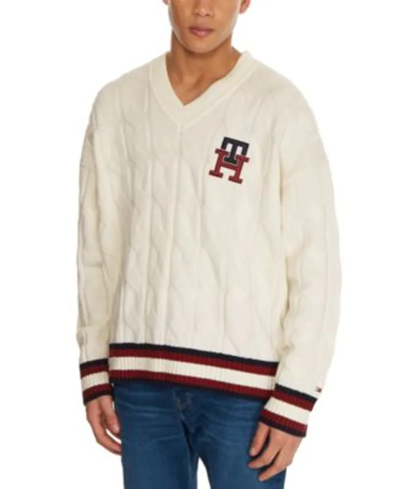 heelal Reproduceren dichtheid Tommy Hilfiger Men's Monogram V-Neck Cable Knit Wool Sweater | The Shops at  Willow Bend