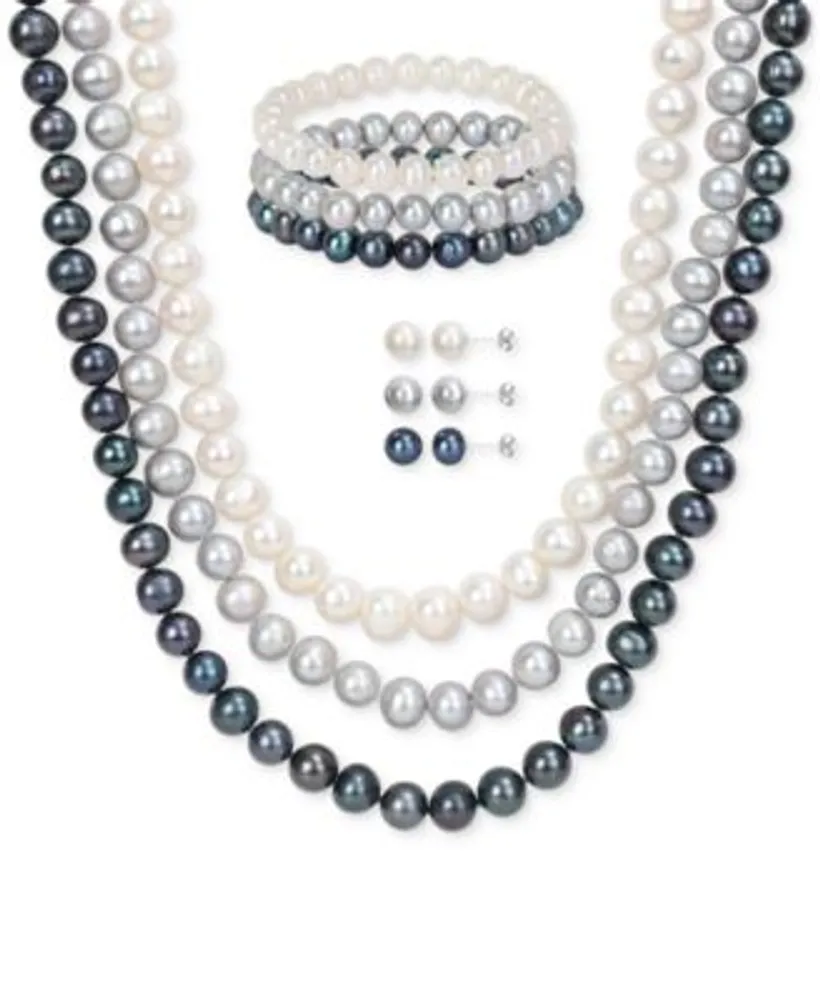 Macy's 7-Pc. Set White, Black, & Gray Cultured Freshwater Pearl (7-1/2 -  8mm) Necklace, Bracelets, Stud Earrings