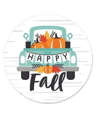 Happy Fall Truck - Harvest Pumpkin Party Circle Sticker Labels - 24 Count