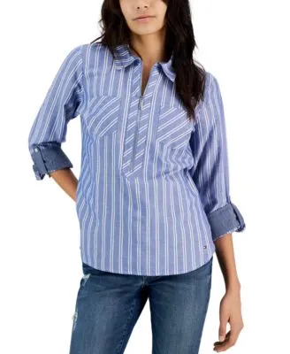 Women's Striped Half-Zip Roll-Tab Shirt