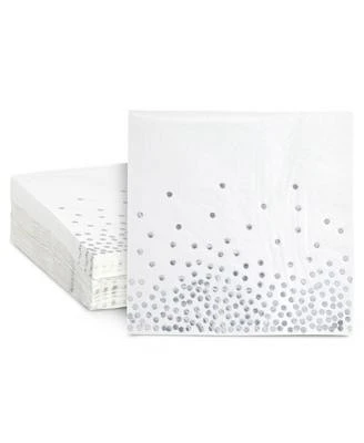 50 Pack White and Silver Confetti Napkins for Wedding Reception, Foil Polka Dots for Birthday Party Decorations (3-Ply, 6.5 x 6.5 In)