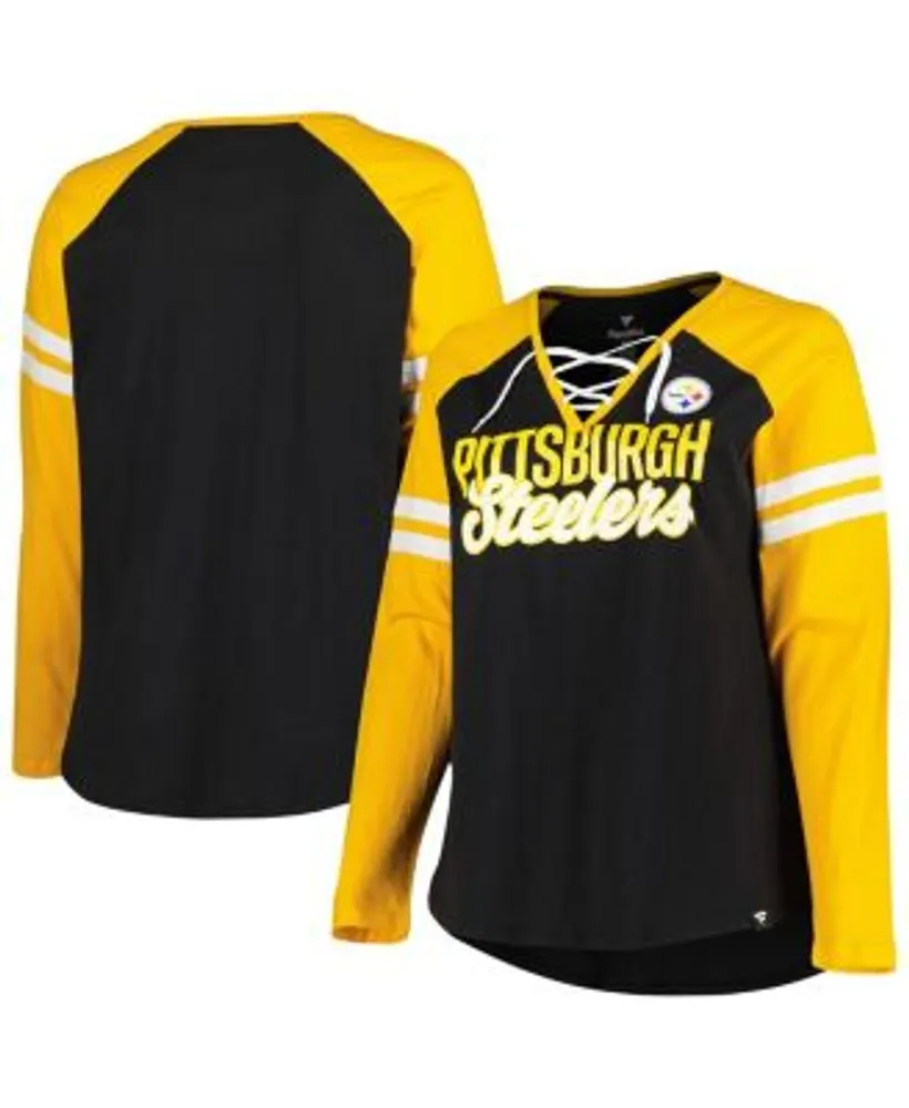 Fanatics Women's Branded Black, Gold Pittsburgh Steelers Plus True to Form  Lace-Up V-Neck Raglan Long Sleeve T-shirt