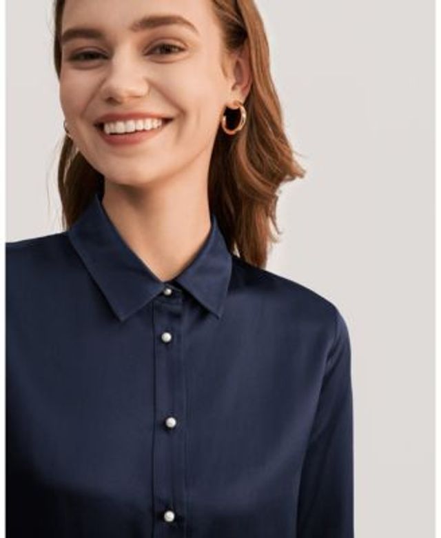 LILYSILK Casual Short Sleeves Loose Silk Shirt for Women - Navy Blue