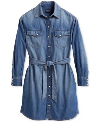 Women's Chambray Snap-Front Long-Sleeve Shirt Dress