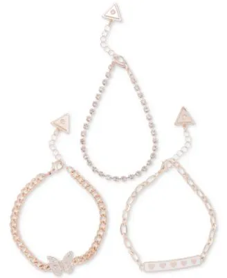 GUESS Silver-Tone Crystal Logo Heart Charm Link Bracelet - Macy's