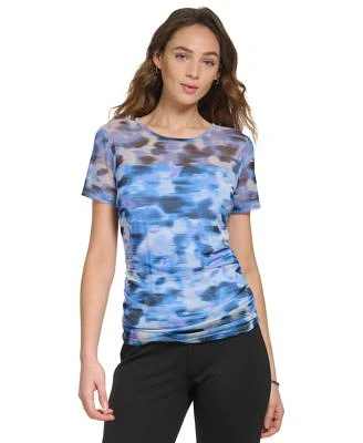 Women's Short Sleeve Printed Mesh Overlay Top