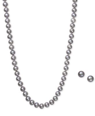 Gray Cultured Freshwater Pearl (6mm) Necklace and Matching Stud (7-1/2mm) Earrings Set in Sterling Silver