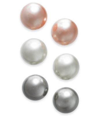 Silver-Tone 3-Pc. Set Imitation Pearl Stud Earrings, Created for Macy's 