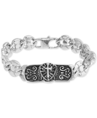 Men's Cross Plate Circle Link Bracelet in Stainless Steel & Black Ion-Plate