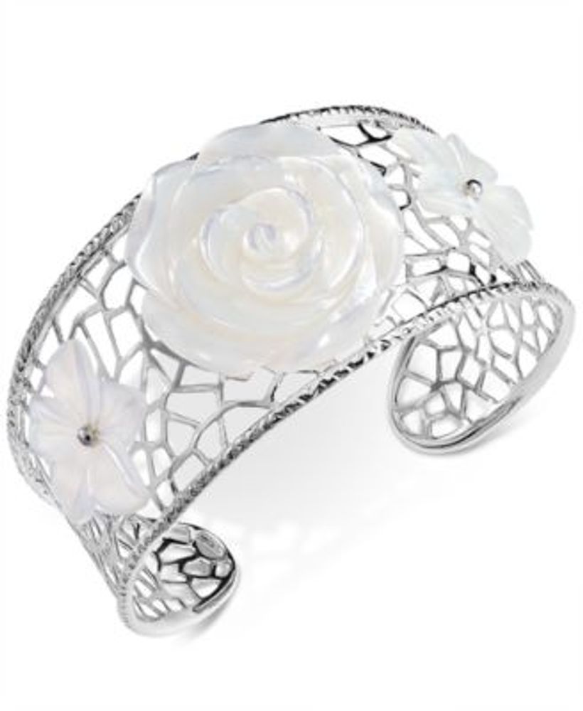 Mother-of-Pearl Flower Openwork Cuff Bracelet in Sterling Silver