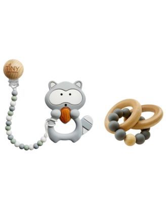 3 Stories Trading Tiny Teethers Infant Silicone And Beech Rattle And Teether Gift Set, Raccoon