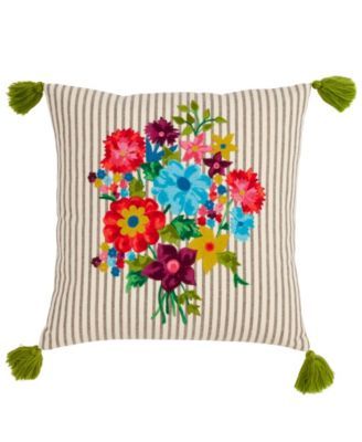 Flower and Stripe Embroidered Decorative Pillow, 18" x 18"