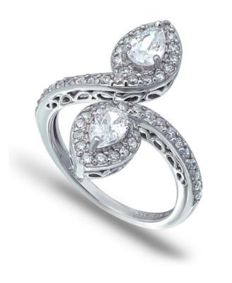 Cubic Zirconia Pear Halo Bypass Ring Silver Plate