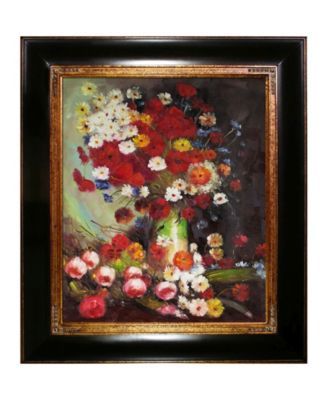 by Overstockart Vase with Poppies Cornflowers Peonies and Chrysanthemums by Vincent Van Gogh with Wood, Opulent Frame Oil Painting Wall Art, 33" x 29"