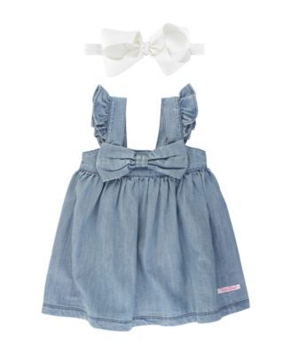 Baby Girl Light Wash Denim Flutter Bow Dress and Headband Set