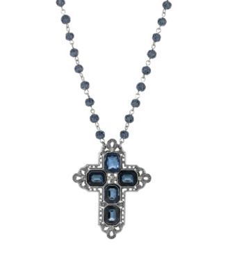 Women's Pewter Rectangle Sapphire Blue Color Crystal Cross Beaded Necklace