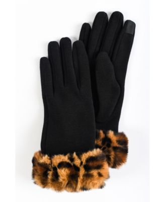 Women's Faux Fur Leopard Cuff Jersey Touchscreen Glove