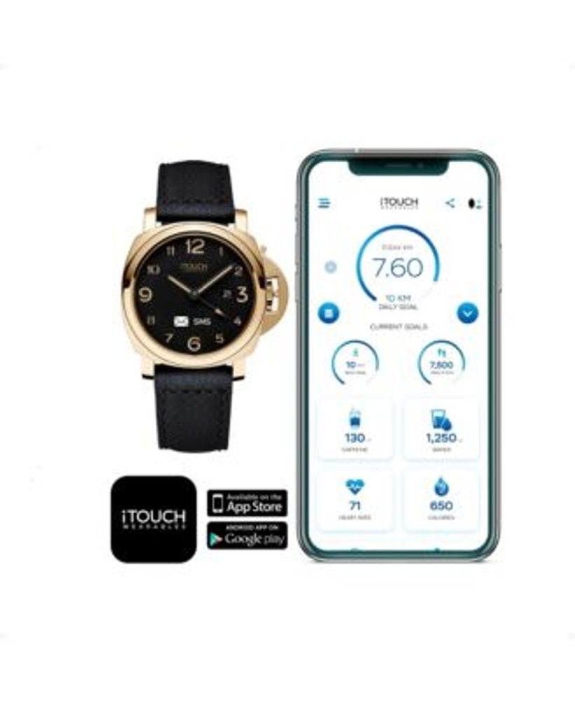 Connected Men's Hybrid Smartwatch Fitness Tracker: Gold Case with Black Leather Strap 44mm