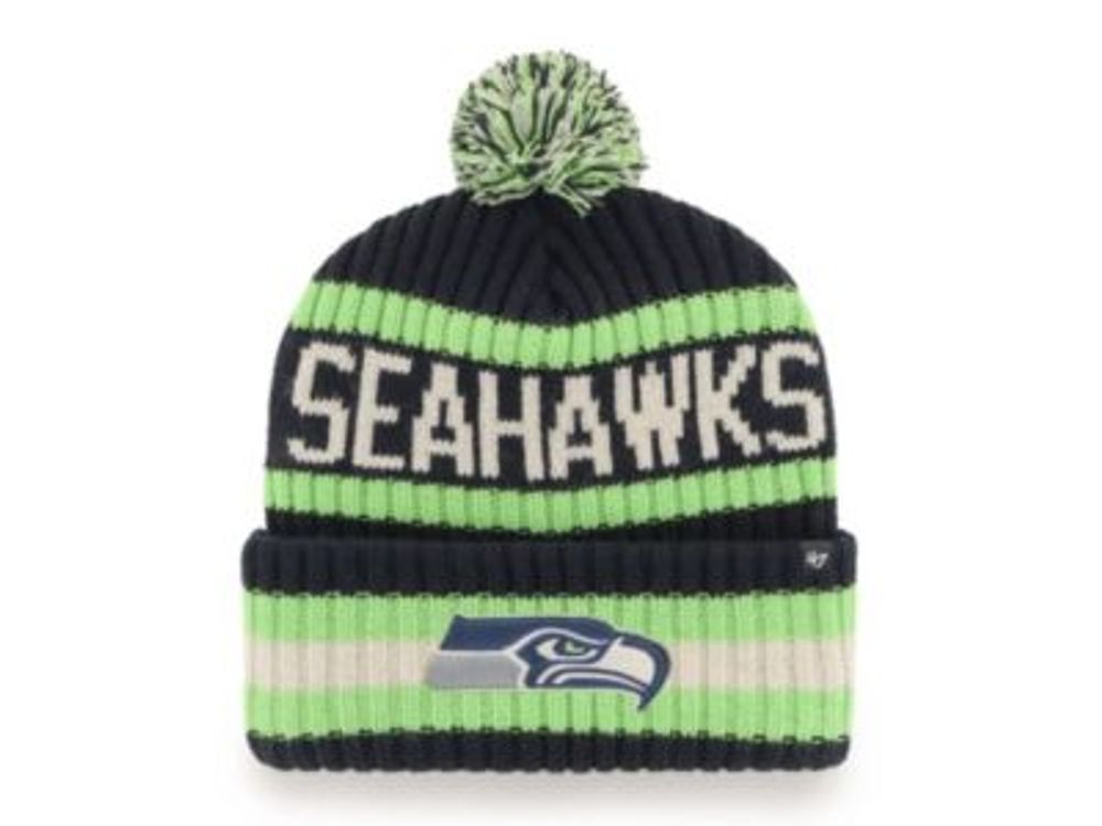 Youth New Era Cream/College Navy Seattle Seahawks 2022 Sideline Sport  Cuffed Pom Knit Hat