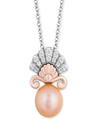 Pink Cultured Freshwater Pearl (8mm) Diamond (1/7 ct. t.w.) Ariel Shell Pendant Necklace in Sterling Silver & 14k Rose Gold, 16" + 2" extender