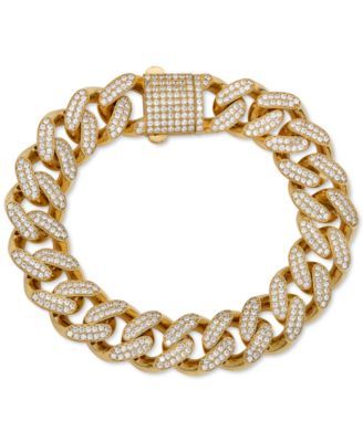 Men's Cubic Zirconia Curb Link Chain Bracelet in 24k Gold-Plated Sterling Silver