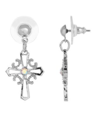 Silver-Tone Crystal Cross Drop Earrings