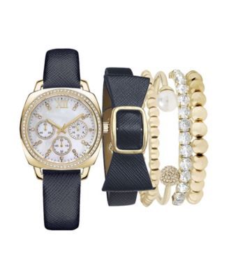 Women's Analog Navy Strap Watch 34mm with Navy and Gold-Tone Bracelets Set