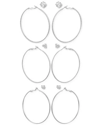 Silver-Tone 6-Pc. Set Mixed Crystal Stud & Textured Hoop Earrings