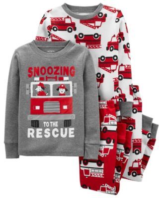 Toddler Boys Firetruck Snug Fit Cotton Pajama, 4 Piece Set