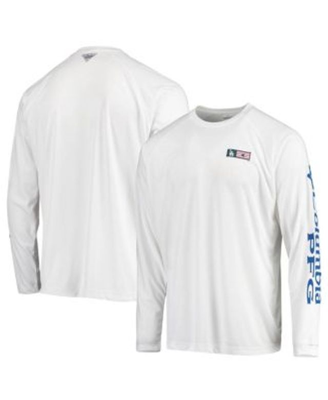 Men's Texas Rangers Columbia White Americana Terminal Tackle Omni-Shade  Long Sleeve Raglan T-Shirt