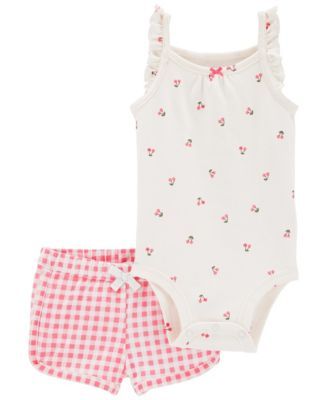 Baby Girls Floral Bodysuit and Gingham Shorts, 2 Piece Set