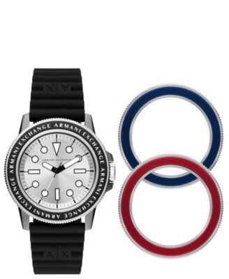 Men's Dive Inspired Black Watch with Silicone Strap Gift Set with interchangeable Top Rings, 42mm