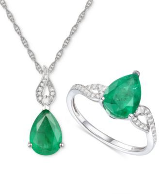 2-Pc. Set Lab-Created Emerald (3-1/3 ct. t.w.) & Lab-Created White Sapphire (1/5 ct. t.w.) Pendant Necklace & Matching Ring in Sterling Silver