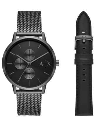 Men's Gunmetal Mesh Bracelet Watch with Interchangeable Black Leather Strap 42mm