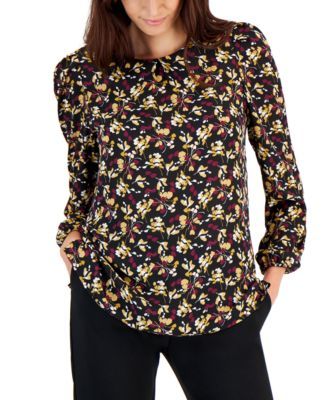Women's Pleated-Neck Printed Blouse