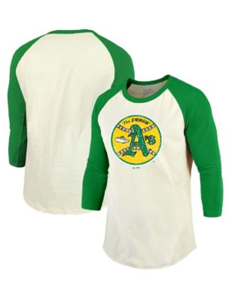 Men's Majestic Threads Cream/Green Oakland Athletics Cooperstown Collection  Raglan 3/4-Sleeve T-Shirt