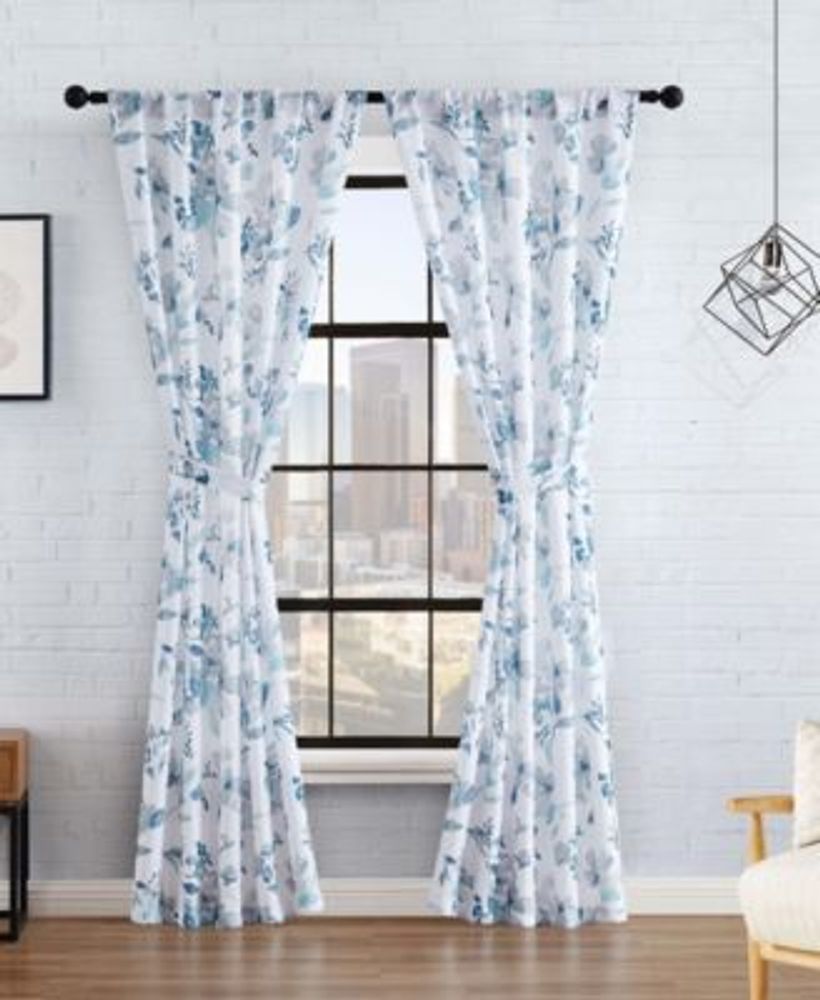 Watermark Floral Textured Light Filtering Rod Pocket Window Curtain Panel Pair with Tie Backs, 38" x 96"